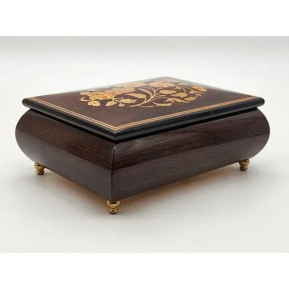 Romance Italian Music Box Inlaid Floral Lacquered Jewelry Trinket